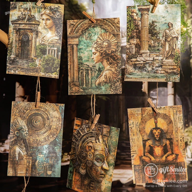 Hanging Mysterious Explorer postcards adorned with ancient civilizations artwork and mythological figures