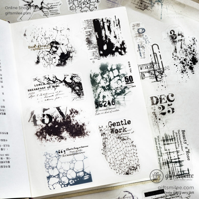 A collection of vintage grunge transparent stickers featuring text, textures, and abstract patterns