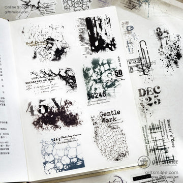A collection of vintage grunge transparent stickers featuring text, textures, and abstract patterns