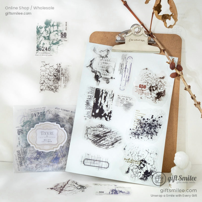 A collection of vintage grunge transparent stickers featuring text, textures, and abstract patterns