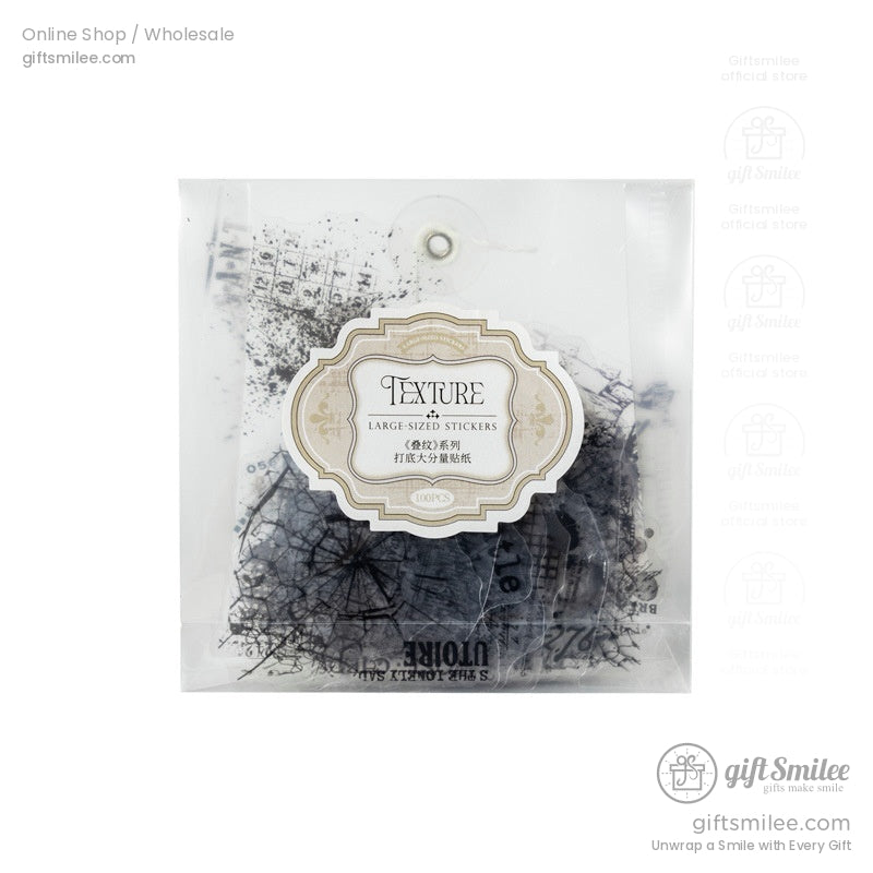 Packaged vintage transparent stickers labeled Texture, featuring grunge-style designs