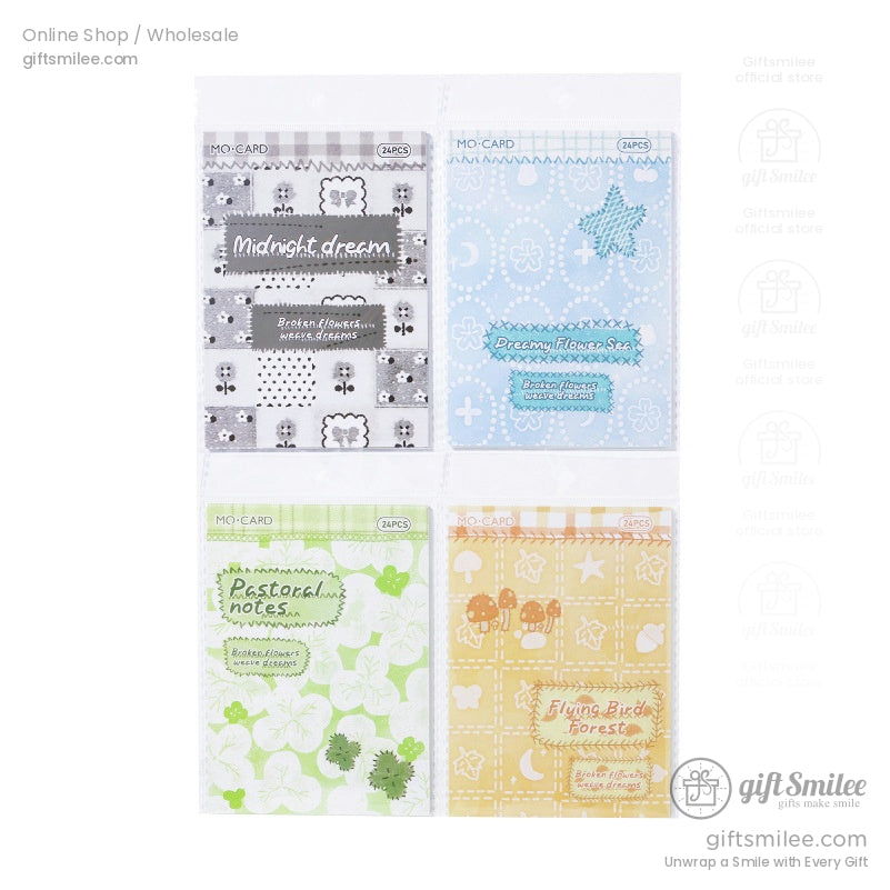 Four scrapbook paper packs with themes like Dreamy Flower Sea and Flying Bird Forest