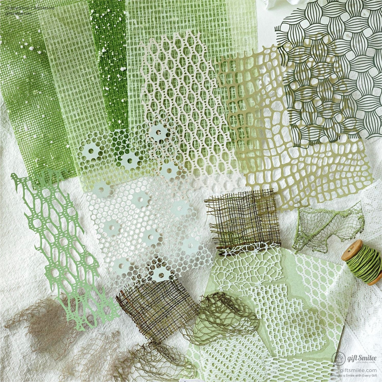 Close-up of green mesh and lace textures with intricate patterns