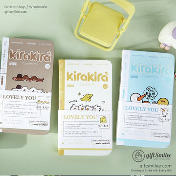 A set of three colorful Kirakira Lovely You journals featuring whimsical illustrations in pastel tones