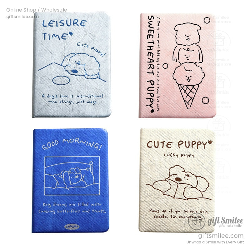 Flat lay of four aesthetic puppy-themed notebooks featuring designs like Leisure Time and Good Morning