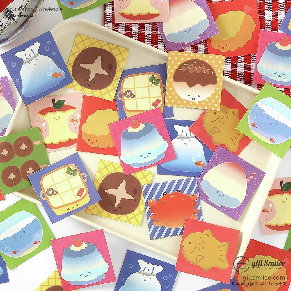 Tray with a variety of adorable Japanese food stickers for scrapbooking and DIY projects