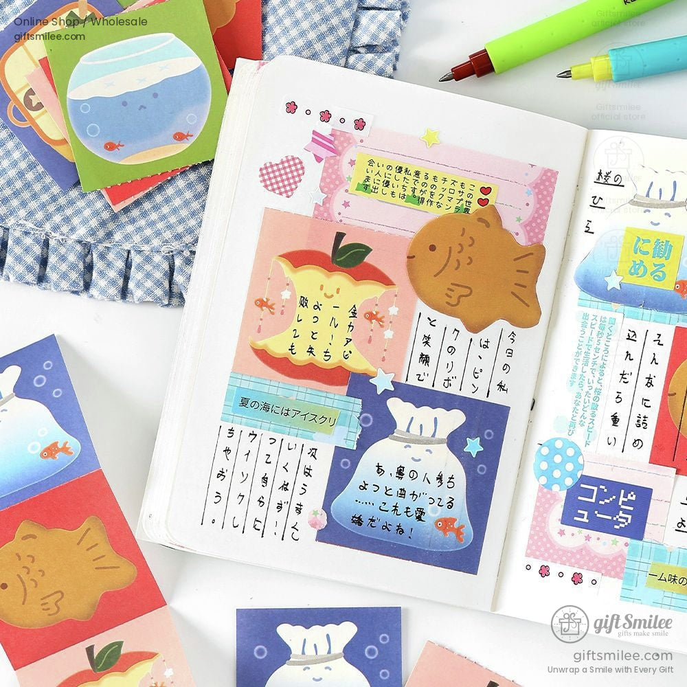 Open journal decorated with cute Japanese food-themed stickers in a creative layout