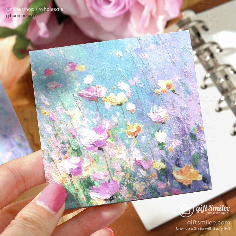 Pastel floral field sticky note pad with vibrant flowers