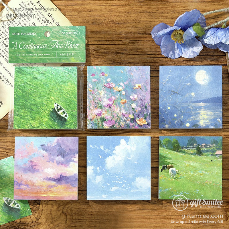 Collection of nature-inspired sticky notes featuring rivers, flowers, clouds, and landscapes