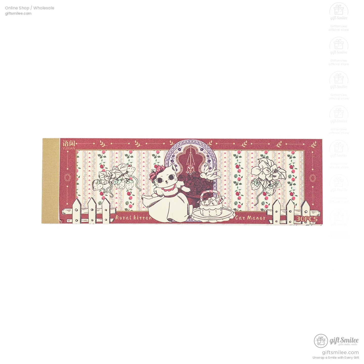Red and white vintage cat memo pad with floral and fence design, perfect for crafting and journaling