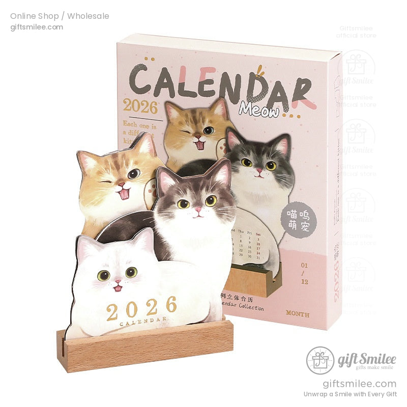 Packaged 2026 cat and dog desk calendar with its box and wooden stand