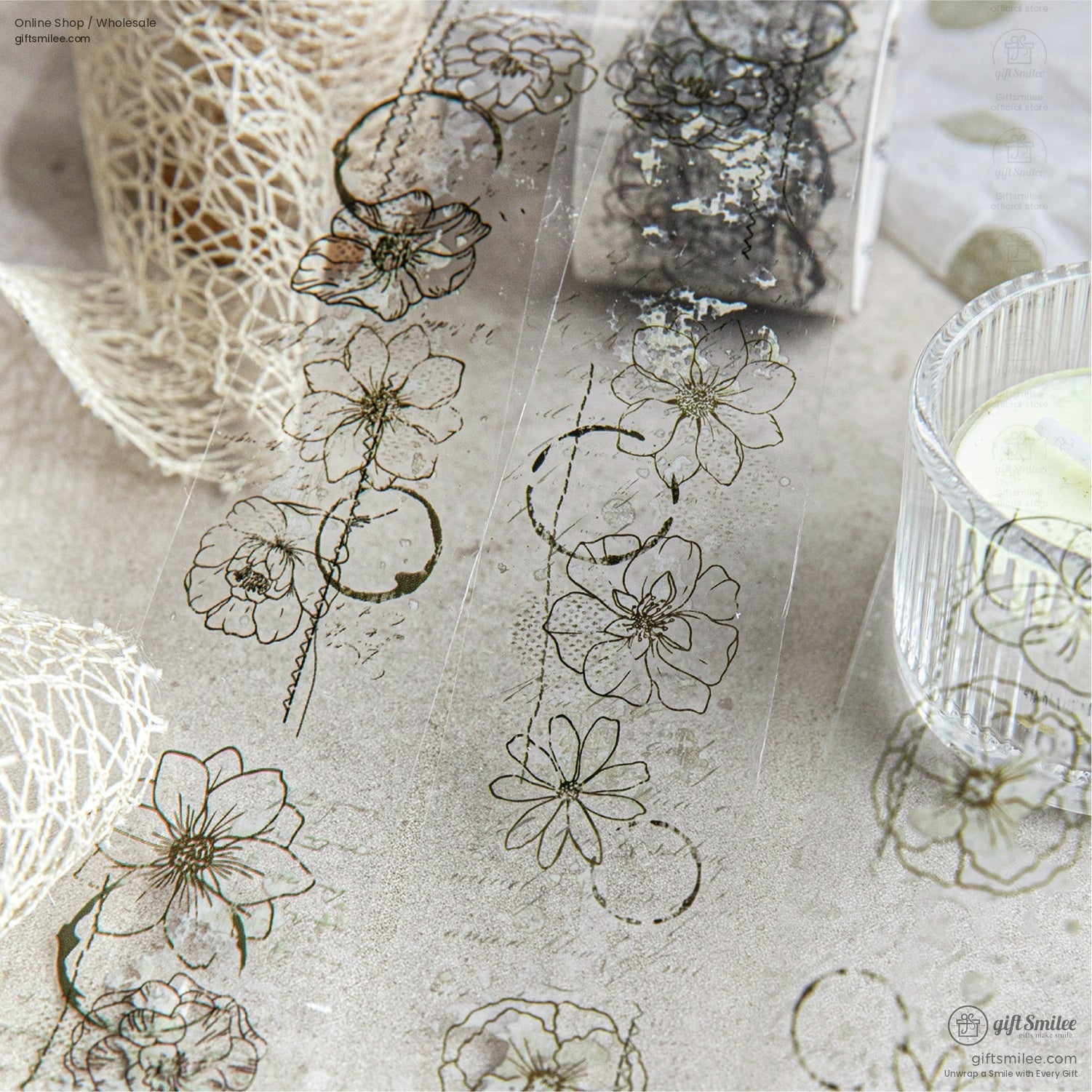 Floral-patterned transparent washi tape featuring botanical sketches and subtle green hues.