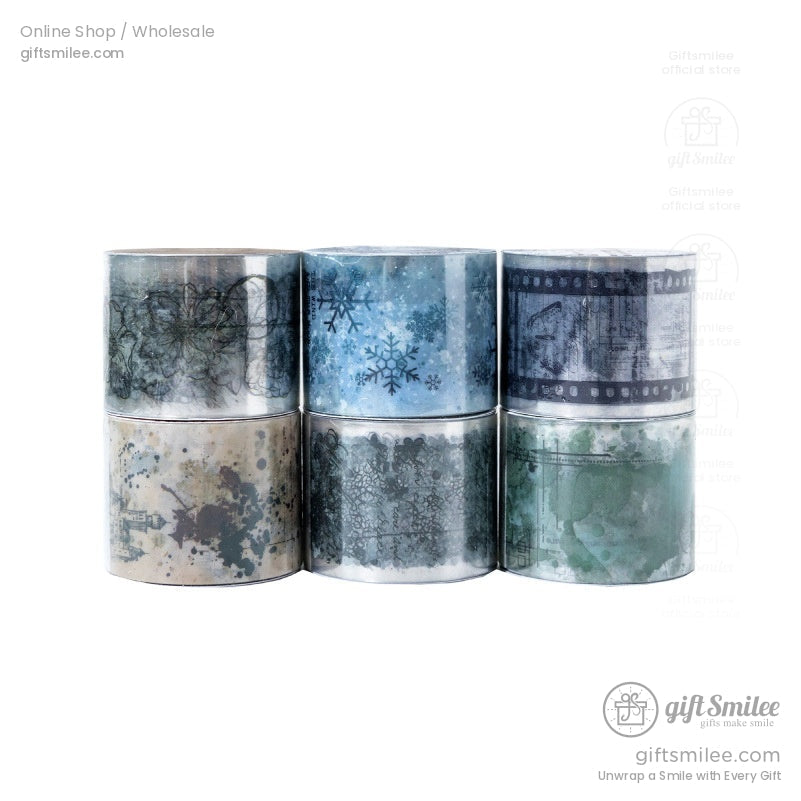 A set of six washi tape rolls in blue, green, and beige tones with intricate vintage designs.