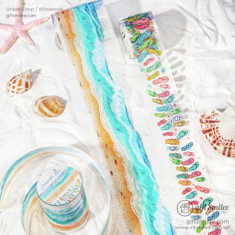 Washi tape showcasing colorful flip-flops and ocean waves, with seashells and beach-themed objects in the background.