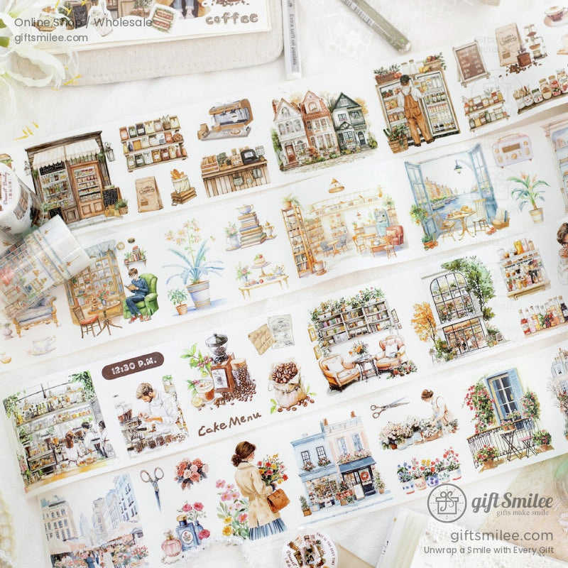 Decorative washi tape spread showcasing detailed floral and cottagecore illustrations