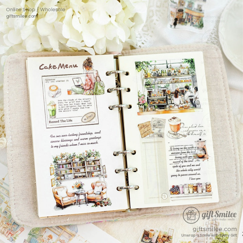 A set of four washi tape rolls with unique illustrations of flowers, markets, and coffee shops