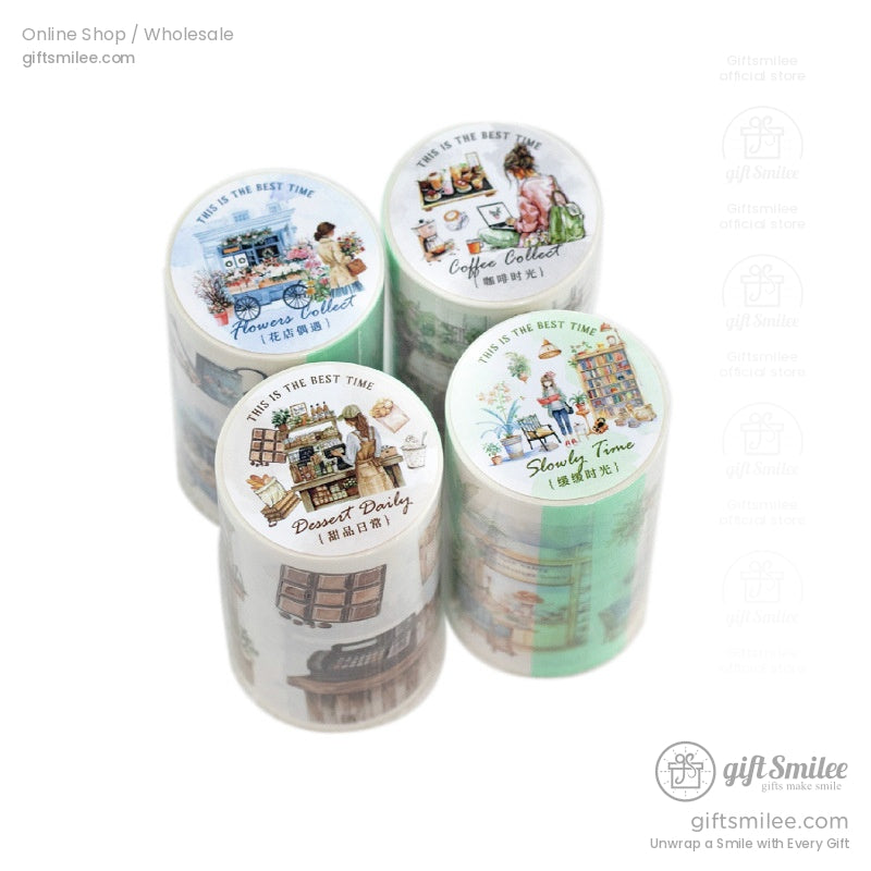 Vintage-themed crafting supplies including floral and retro market design washi tapes