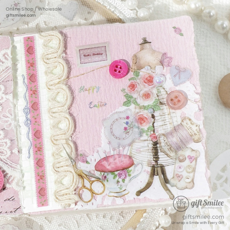 Pink journal decorated with vintage floral washi tape and sewing-themed stickers