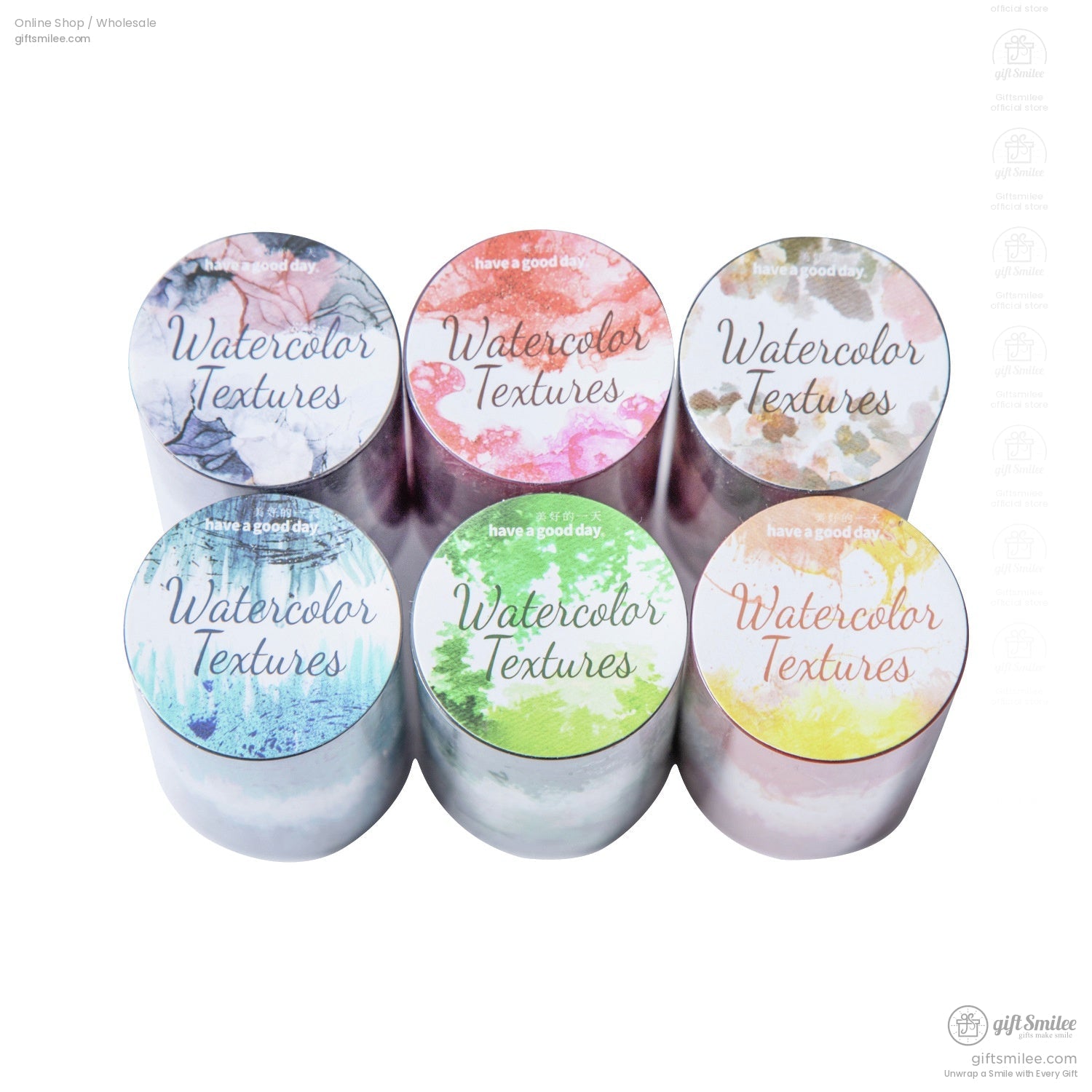 Six watercolor washi tape rolls with unique textures and vibrant colors, labeled "Watercolor Textures."