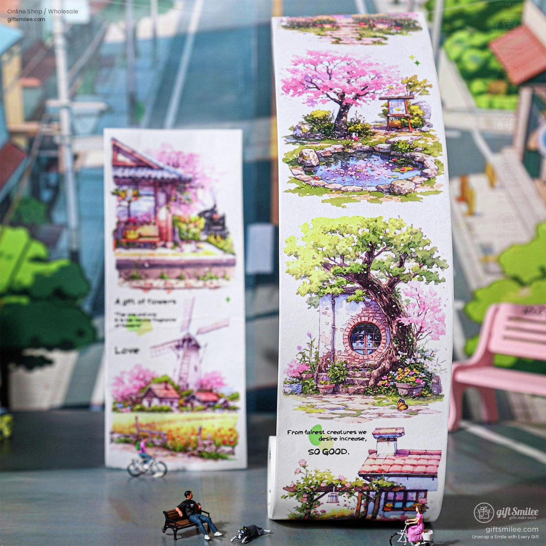 Hand holding vintage floral washi tape with cozy library and garden illustrations