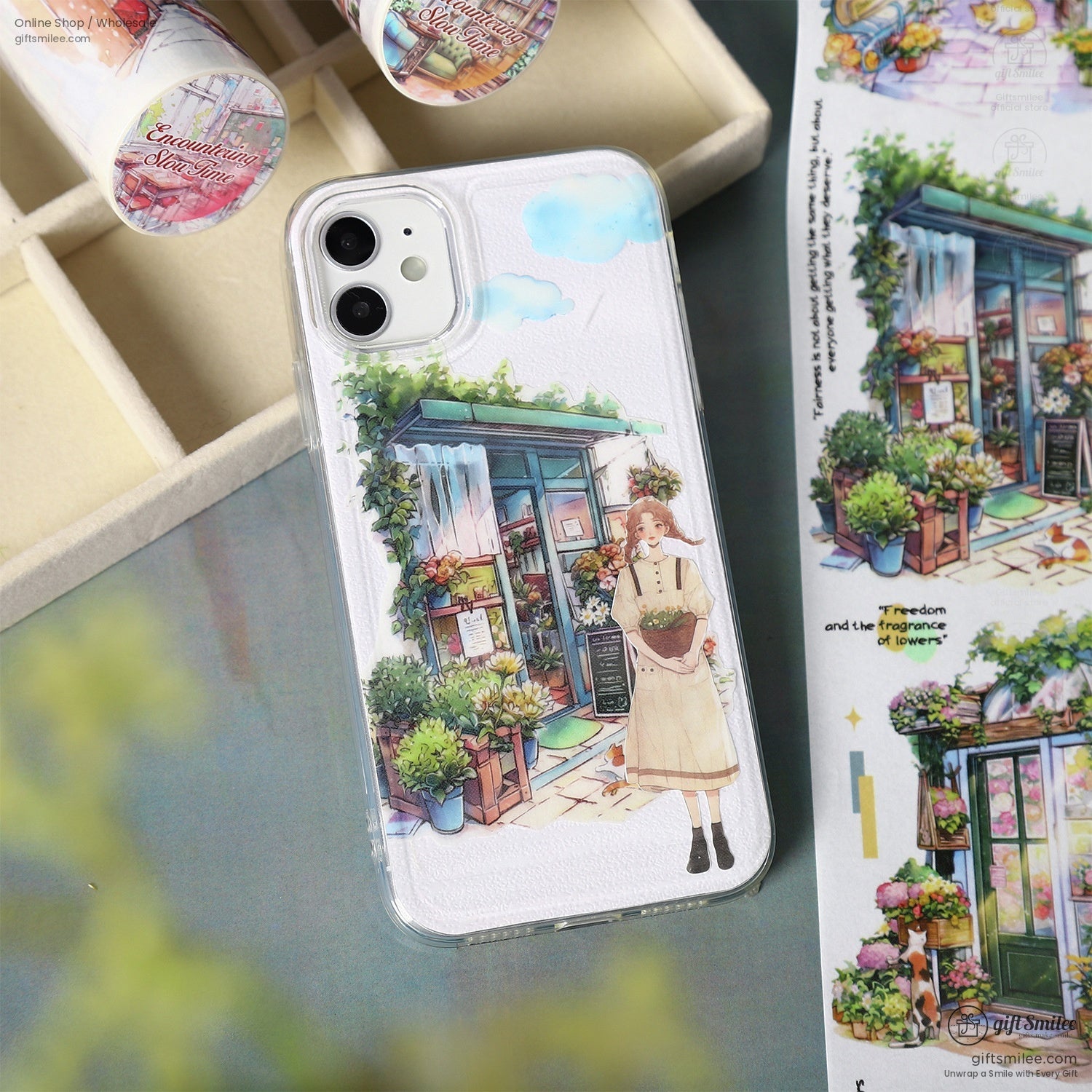 Phone case decorated with cottagecore floral washi tape and aesthetic design