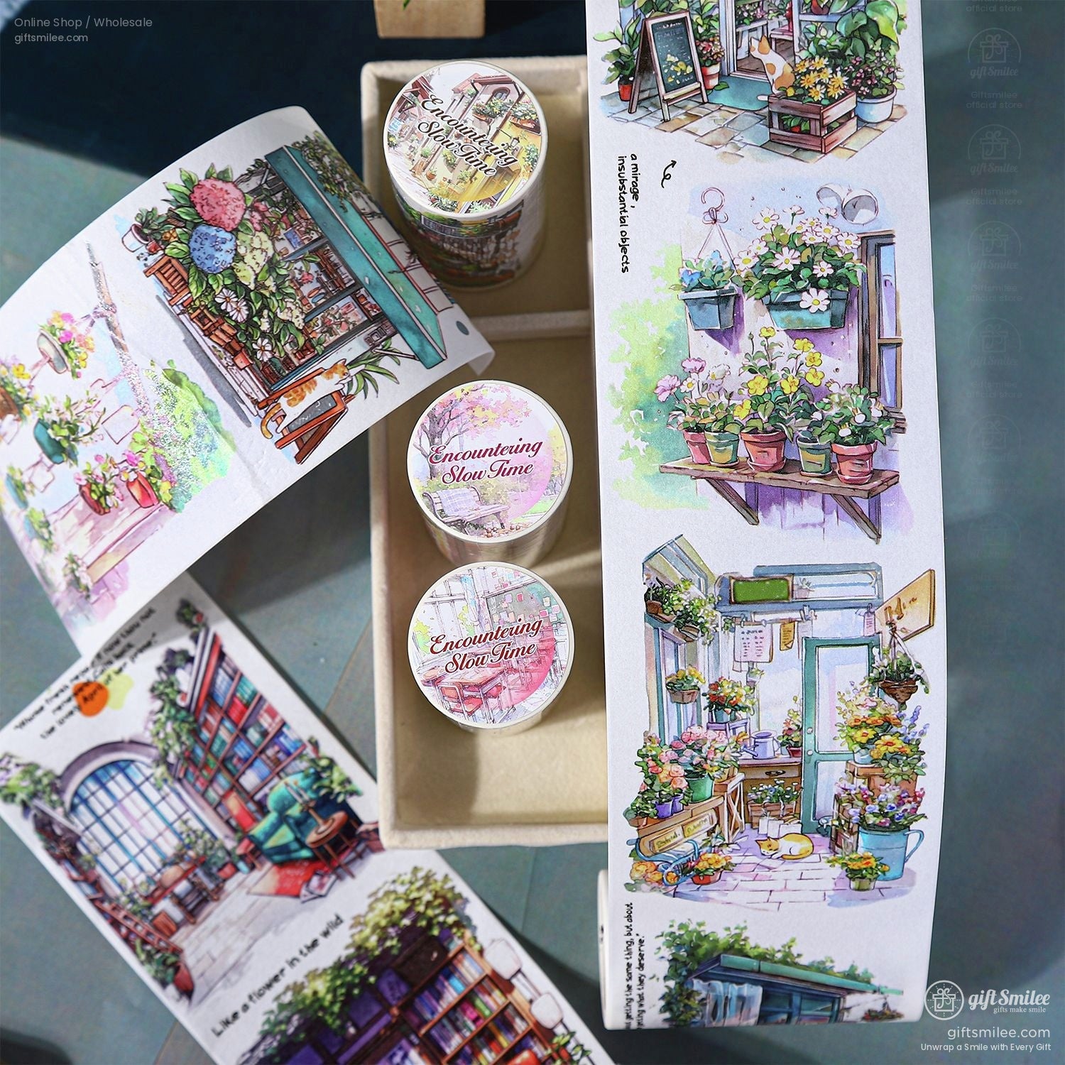 Collection of colorful washi tapes with floral and outdoor scenery designs