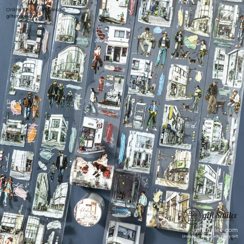 Close-up of Urban Stroll washi tape rolls featuring vintage cityscape designs on a dark background.