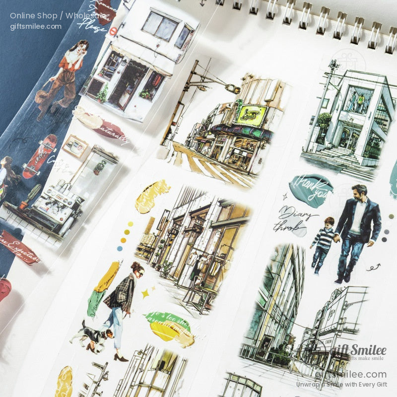 Close-up of Urban Stroll washi tape rolls featuring vintage cityscape designs on a dark background.