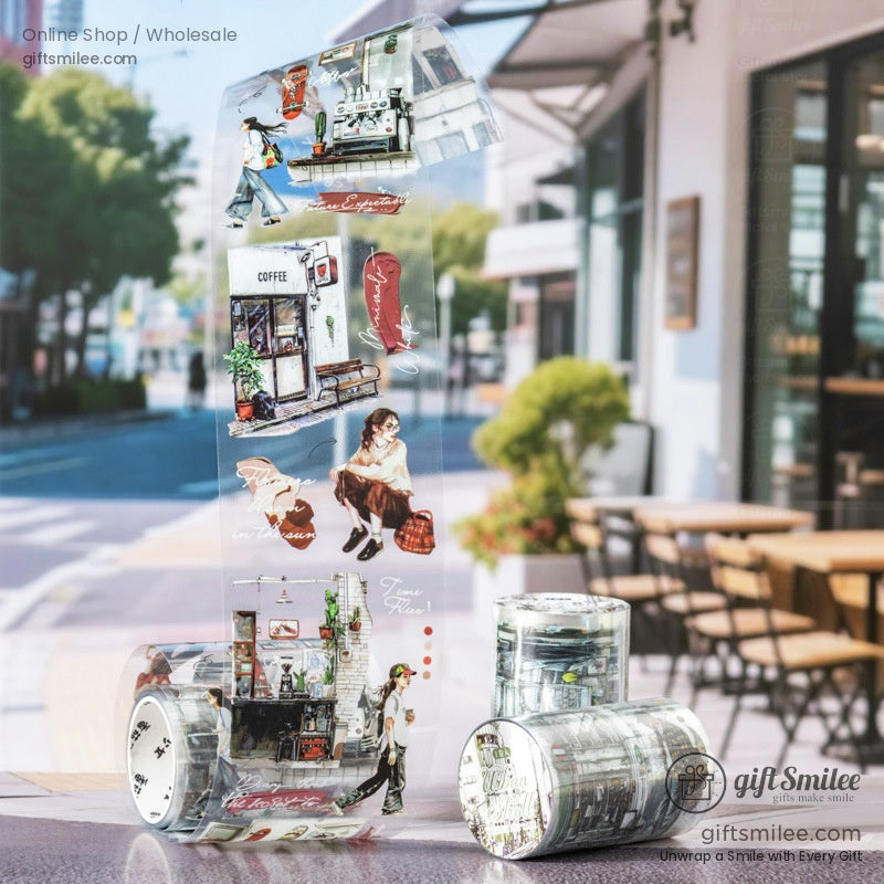Urban Stroll washi tape displayed outdoors, highlighting artistic urban illustrations and coffee shop designs.