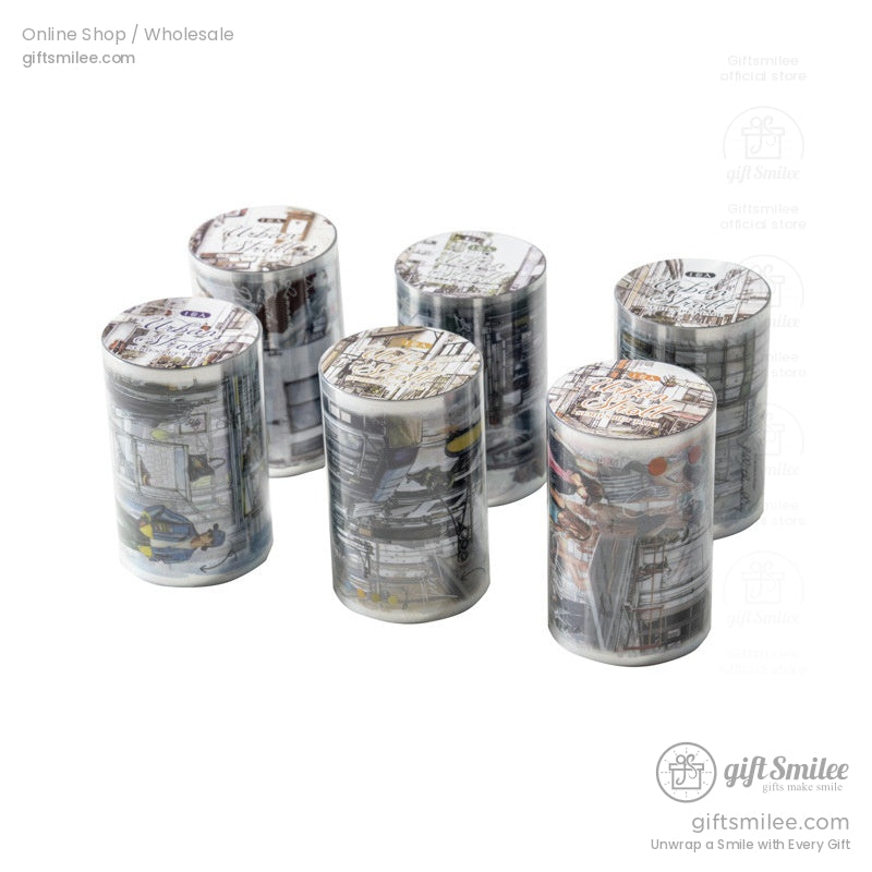 Set of six Urban Stroll washi tape rolls with detailed illustrations of retro cityscapes and architectural designs.