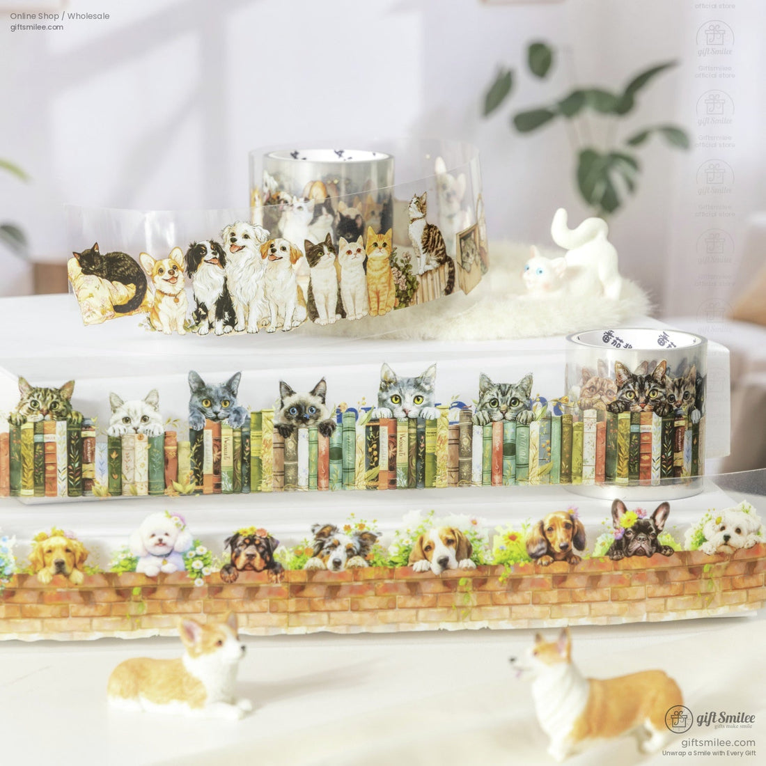 Close-up of cat and dog washi tape rolls with adorable animal designs.