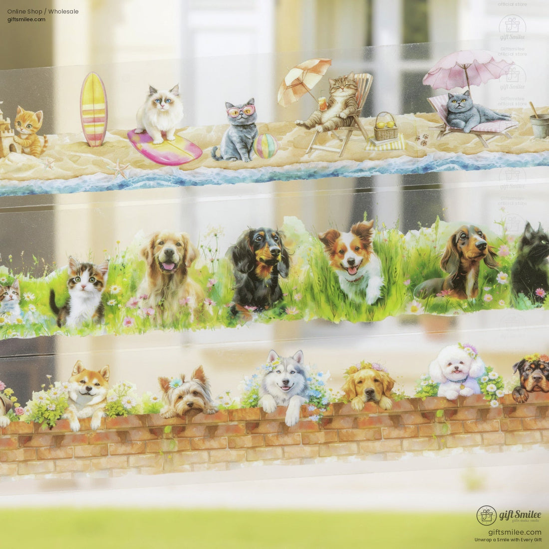 Close-up of cat and dog washi tape rolls with adorable animal designs.