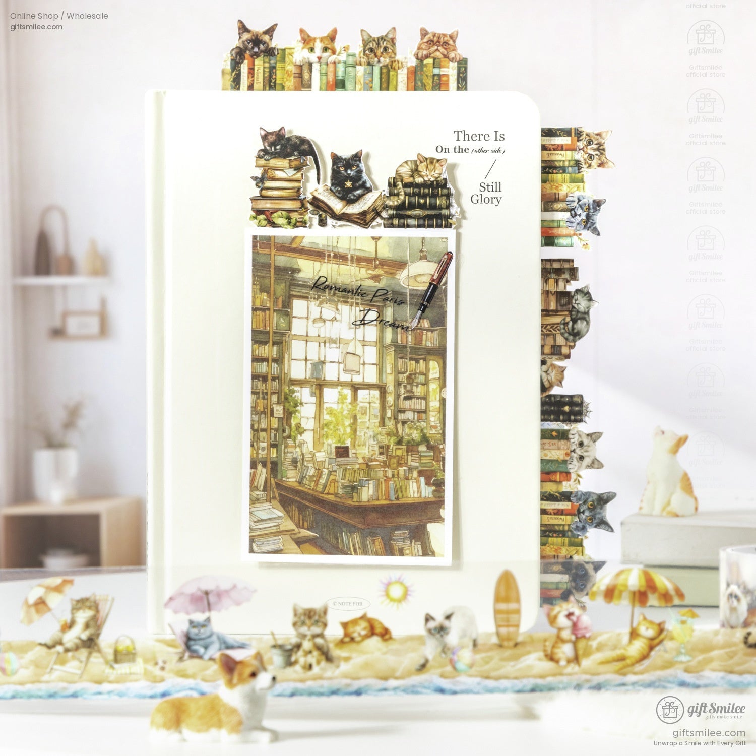 Cute cat and dog washi tapes showcased with books and plants in a cozy setup.