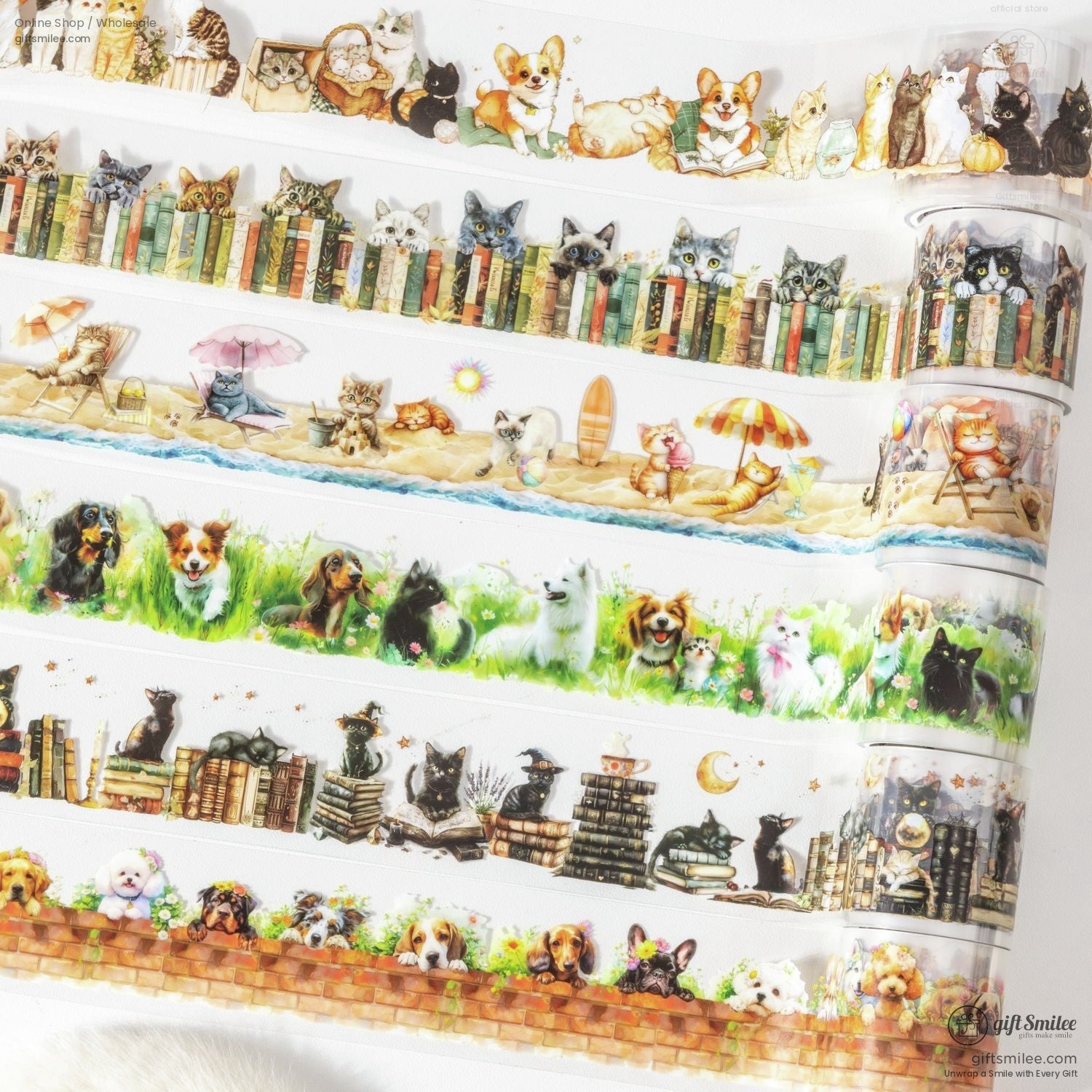 A collection of colorful animal-themed washi tape designs for scrapbooking.