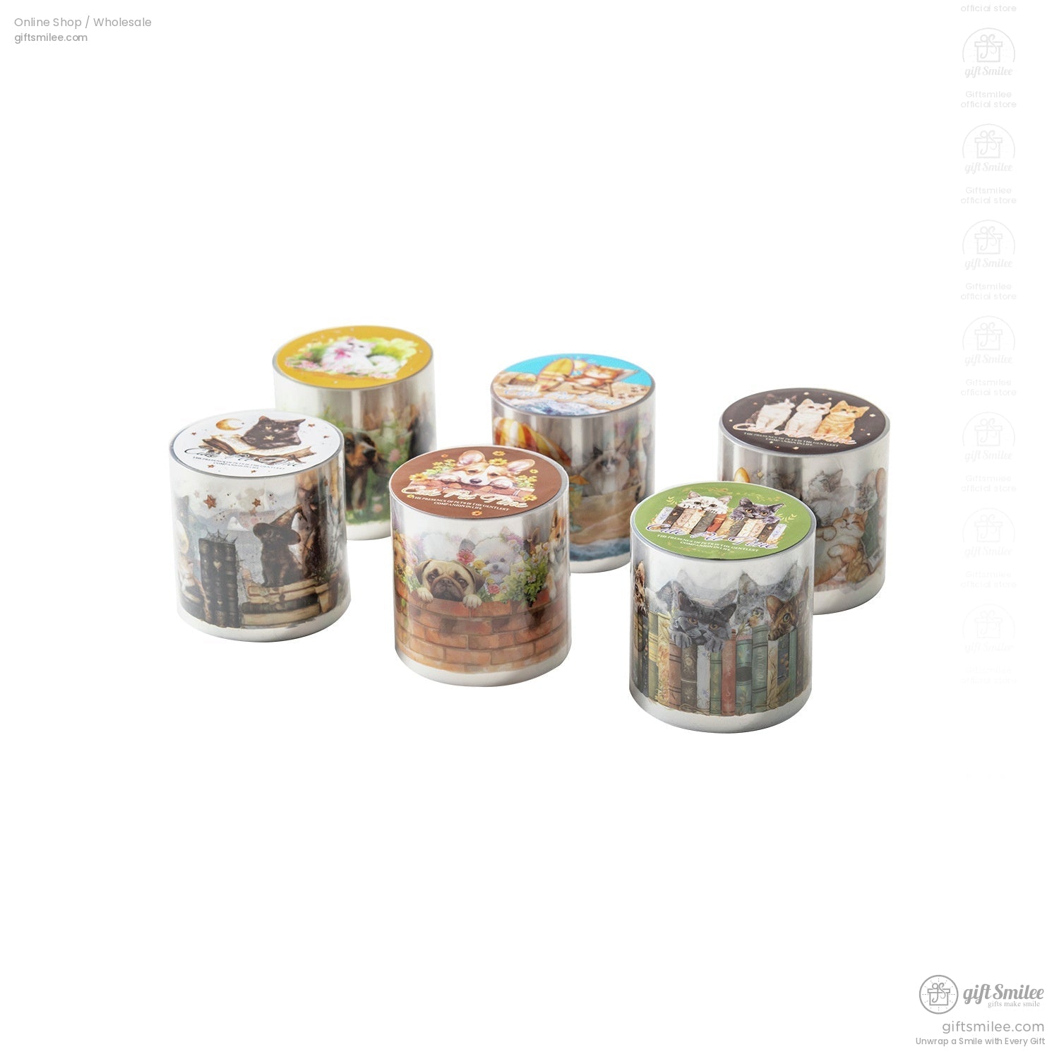 Set of six washi tape rolls with cute cat and dog patterns perfect for crafts.
