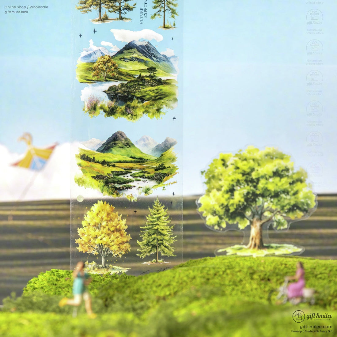 Scenic washi tape featuring mountains, trees, and grassy landscapes