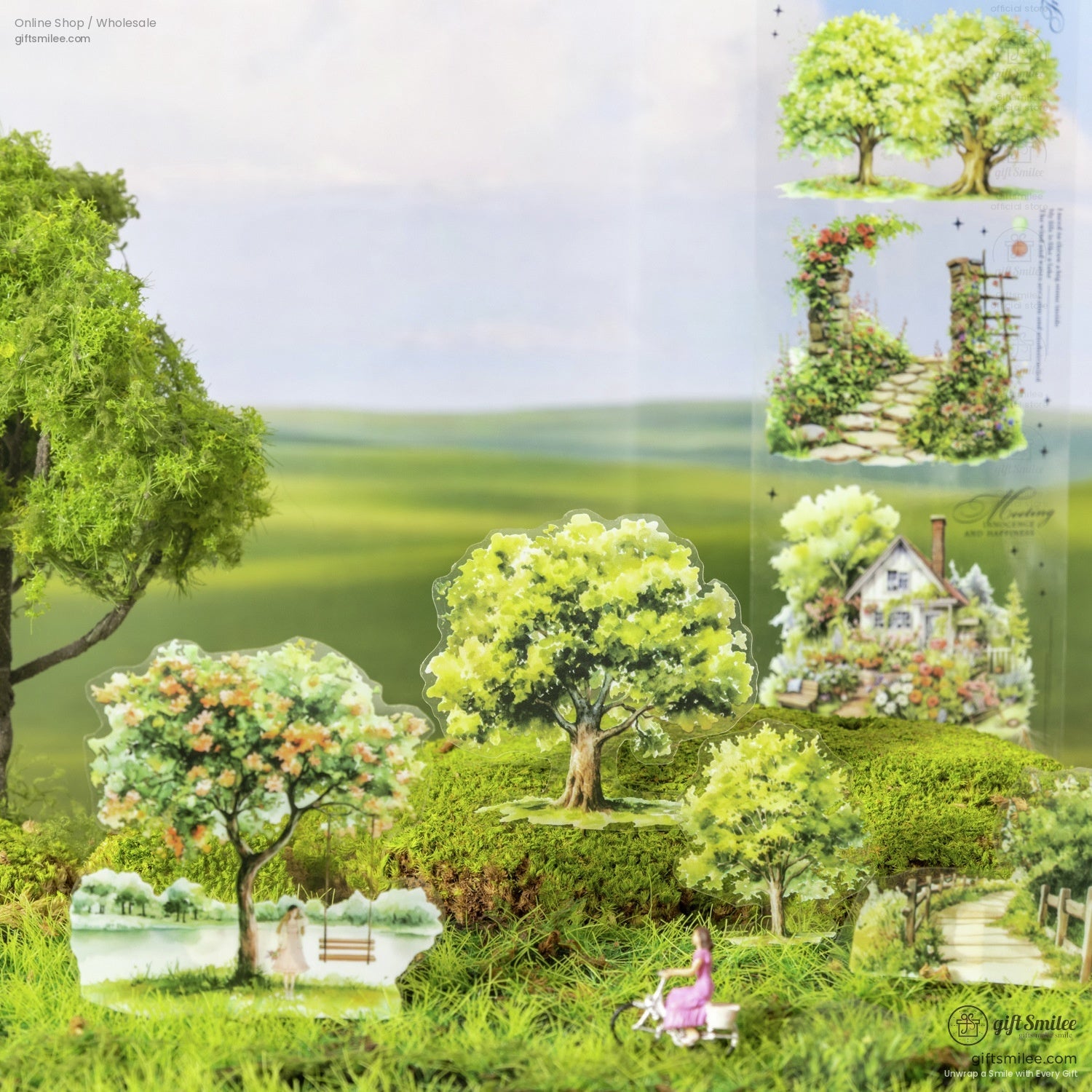 Nature-inspired stickers with vivid trees, landscapes, and countryside cottages
