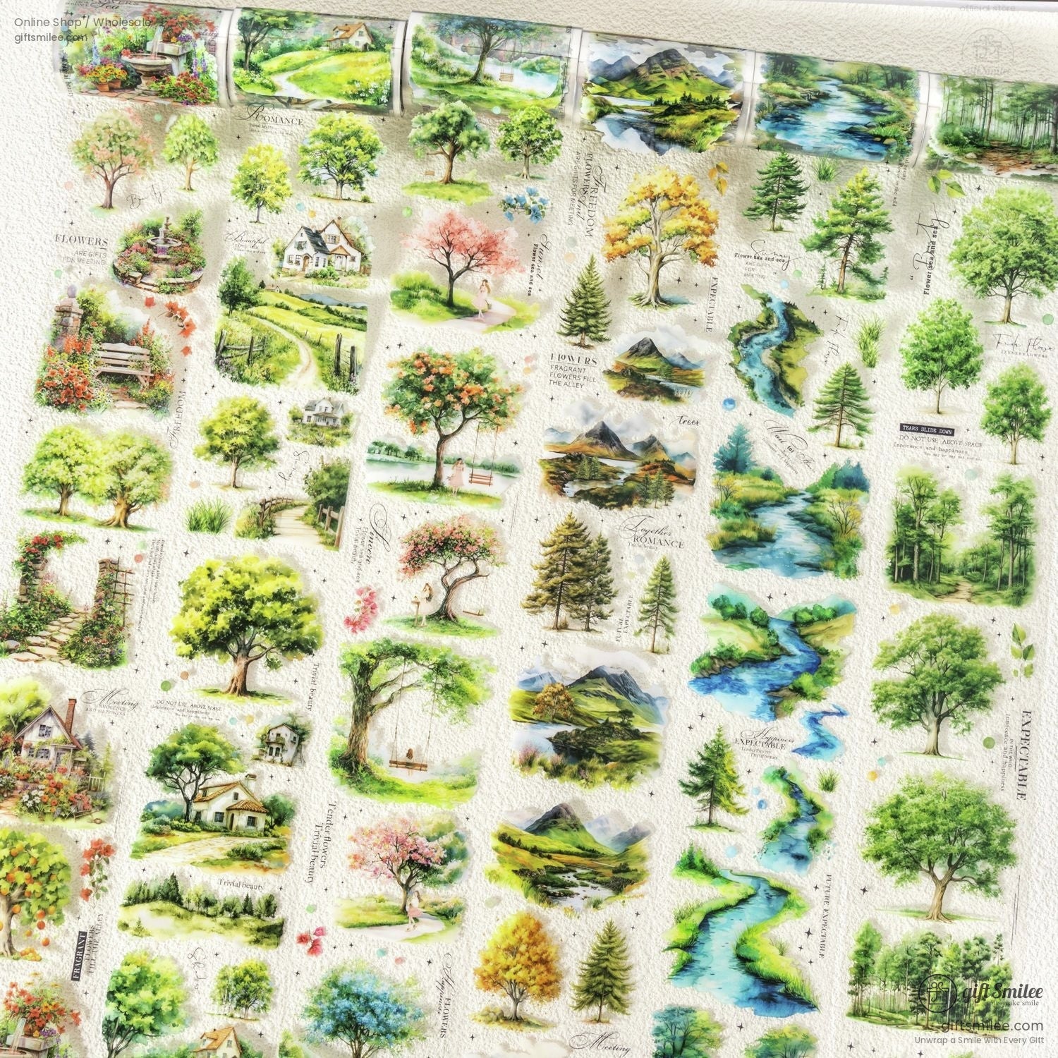 A collection of nature-themed washi tape sheets featuring rivers, trees, and scenic paths