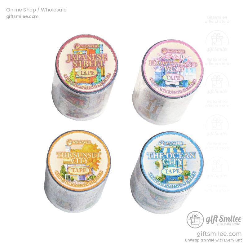 Four colorful washi tape rolls with designs of Japanese streets, ocean cities, sunset towns, and floral elegance