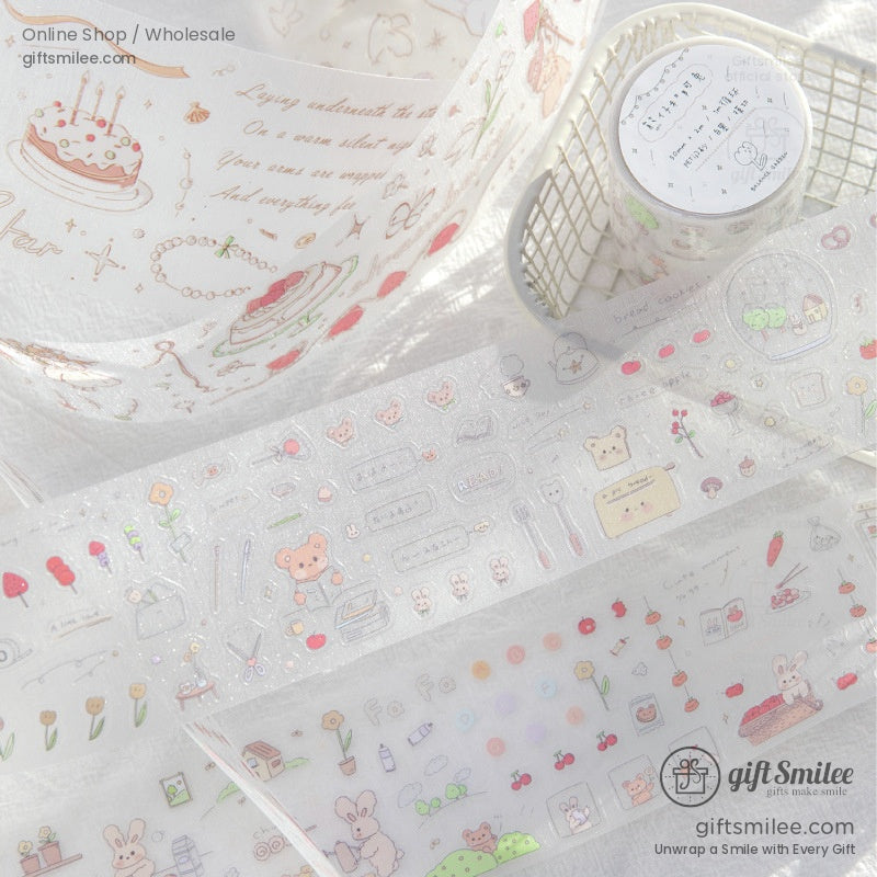 Kawaii pastel decorative tape rolls showcasing strawberries, bunnies, and cakes
