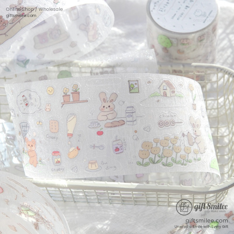 Detailed view of rabbit-themed PET washi tape with farm and floral illustrations