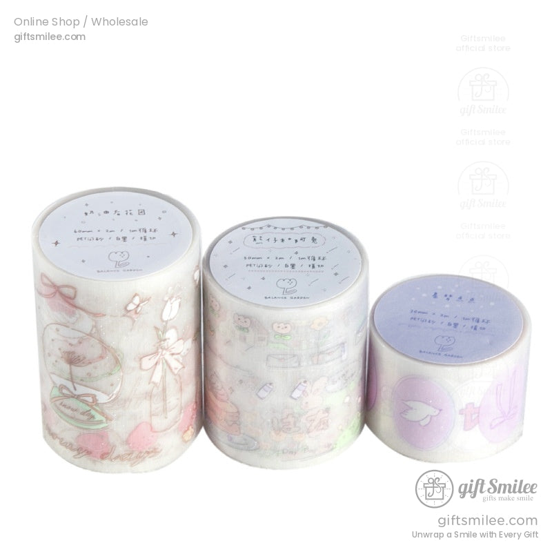 A set of three pastel PET washi tape rolls with cute, vintage-inspired designs
