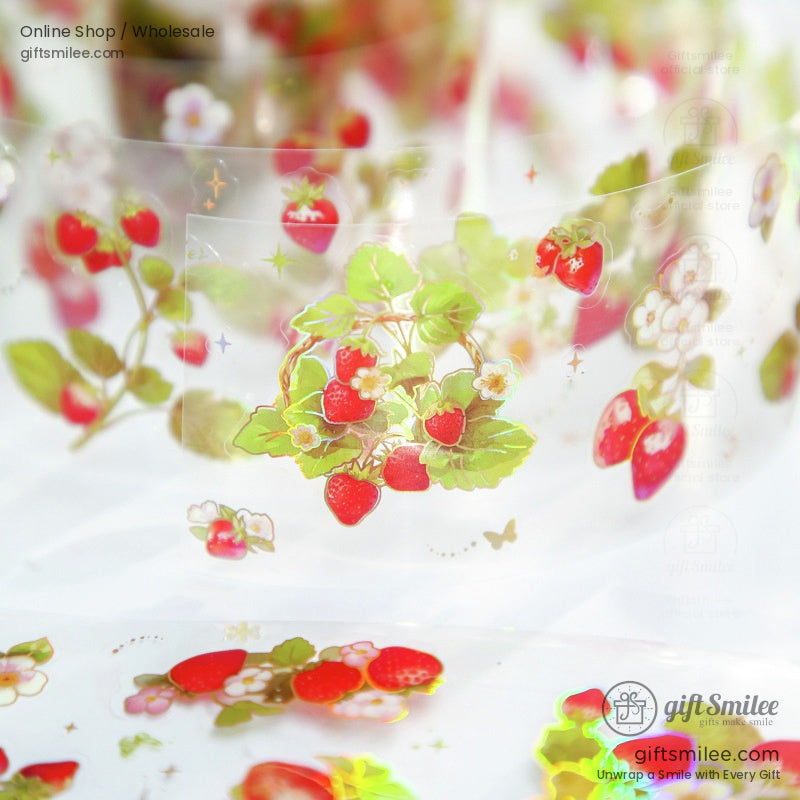 Strawberry-themed washi tape showcasing intricate red strawberry and floral patterns.
