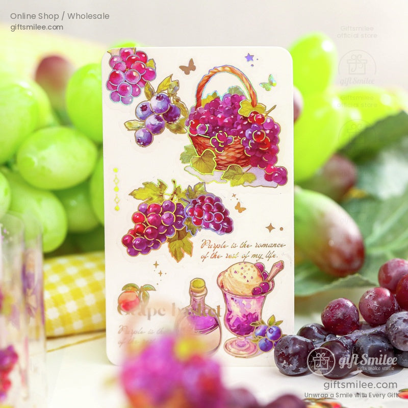 Grape-themed decorative washi tape with rich purple grapes and vibrant fruit illustrations.