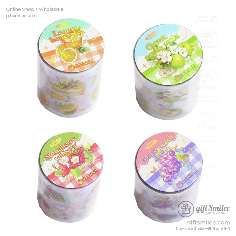 Complete fruit-themed washi tape set featuring designs like lemon honey tea, green apple soda, strawberry milkshake, and grape crush.