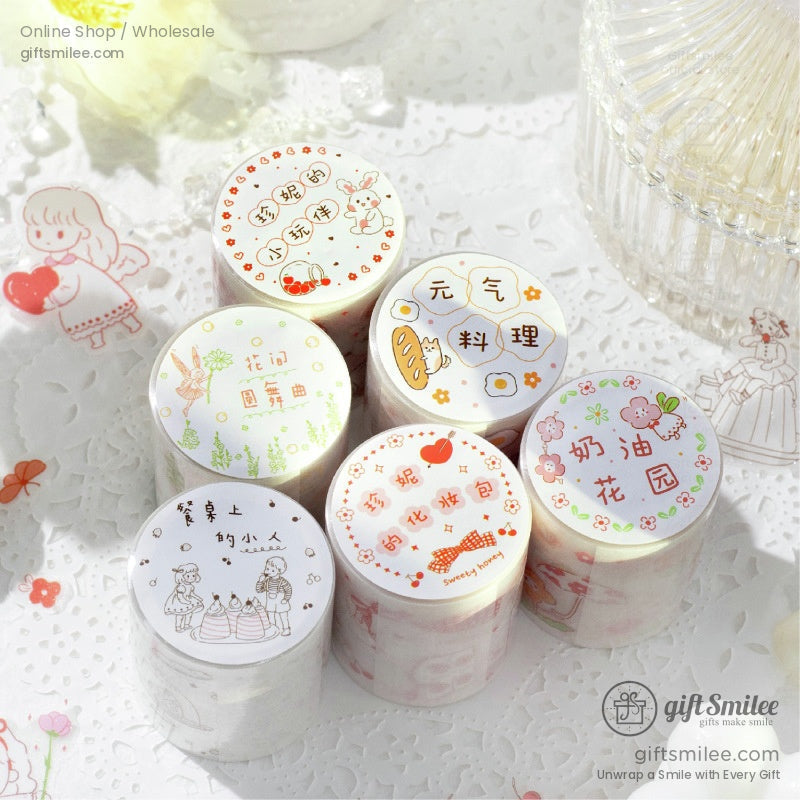 Set of six pastel washi tape rolls with adorable designs displayed on a lace background