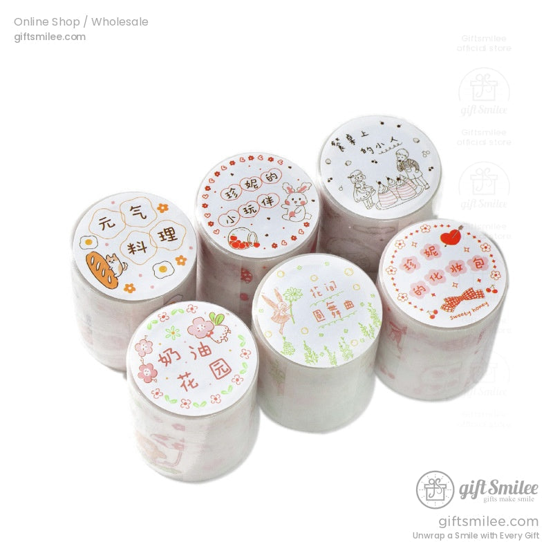 Group of washi tape rolls with charming vintage and kawaii illustrations