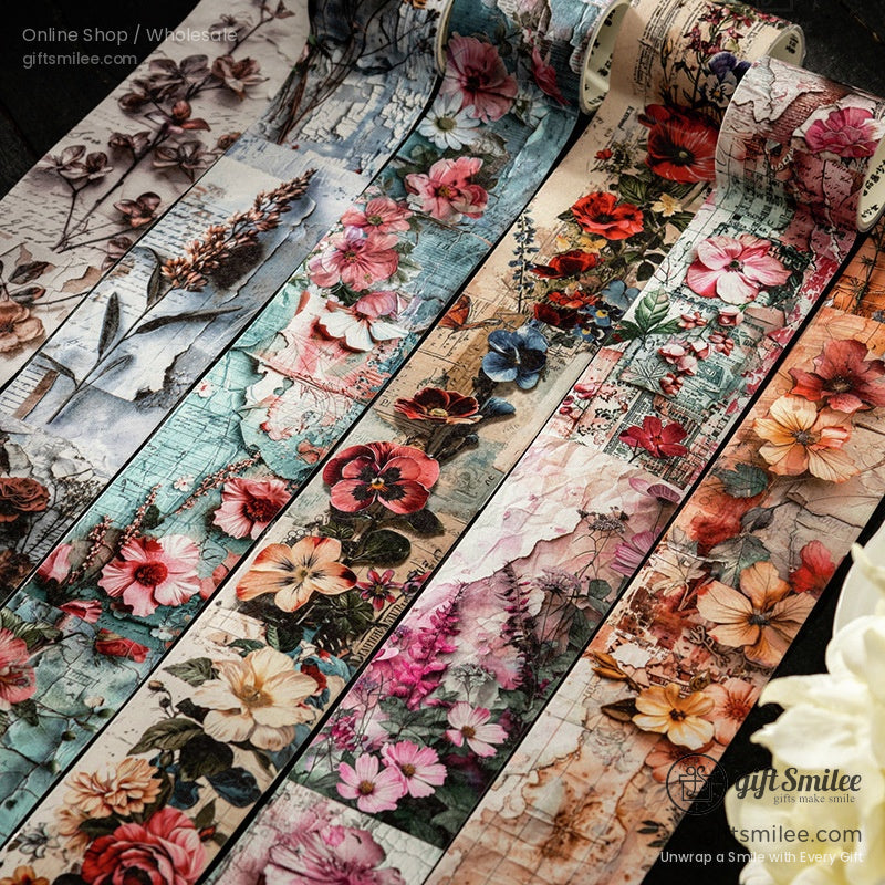 Assorted floral washi tape rolls with vibrant and retro botanical patterns
