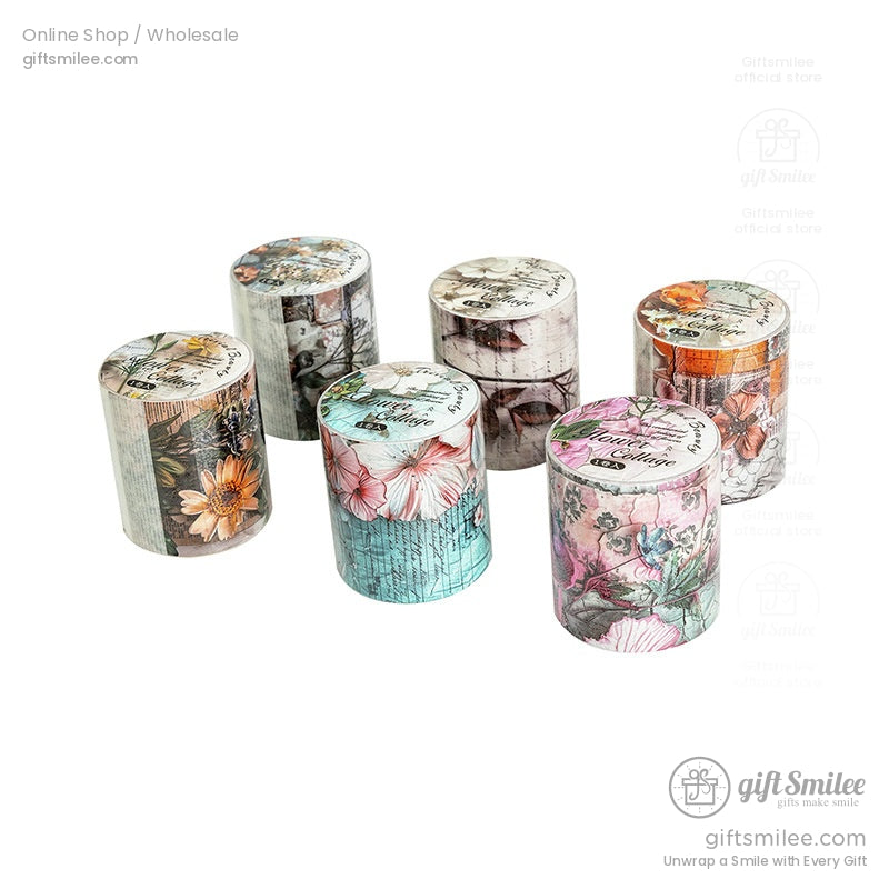 Full set of floral washi tape rolls displayed with intricate botanical details