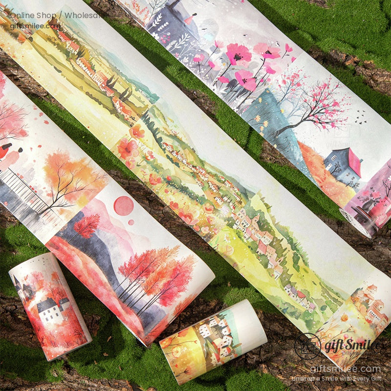 Close-up of washi tape with lush green valleys and blooming flowers for scrapbooking